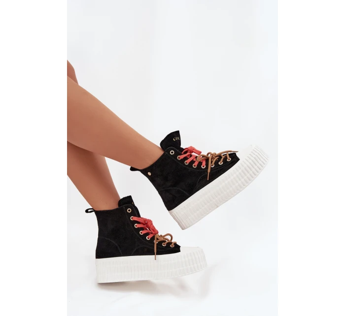 Dámské zateplené semišové trampky na masivní platformě GOE – černé