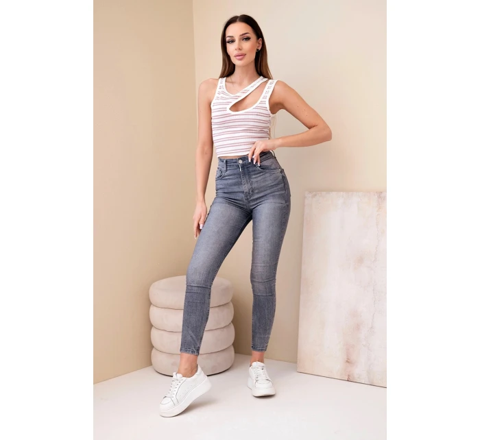 Dámský žebrovaný proužkovaný top bez rukávů s výstřihem tmavě růžová