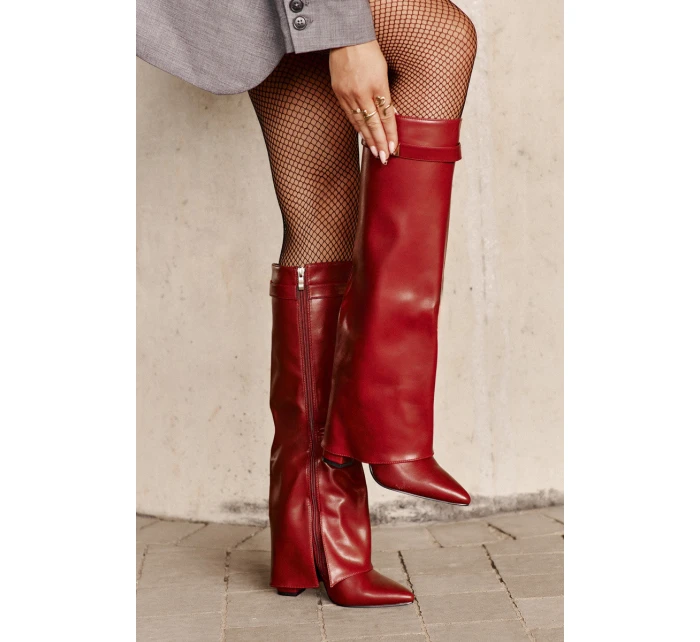 Dámské Kozačky Eko Kůže S Otočeným Svrškem Na Podpatku Bordové Avamora