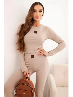 Dámská bavlněná souprava s dlouhým rukávem a legínami béžová