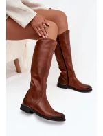 Kožené dámské kozačky na nízkém podpatku zateplené model 21710542 hnědé - Zazoo