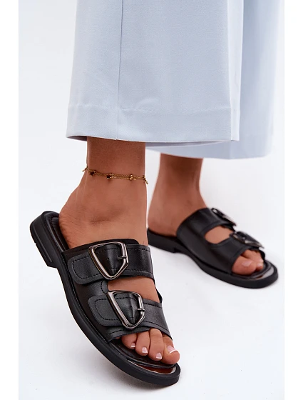 Kožené dámské pantofle s přezkami model 22126090 Černé - VINCEZA