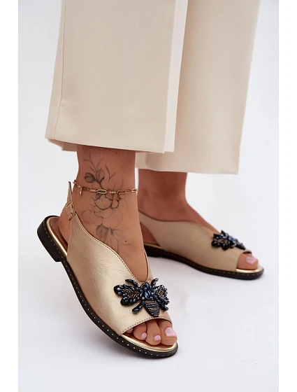 Třpytivé dámské sandály s ozdobou Ploché zlaté Russona