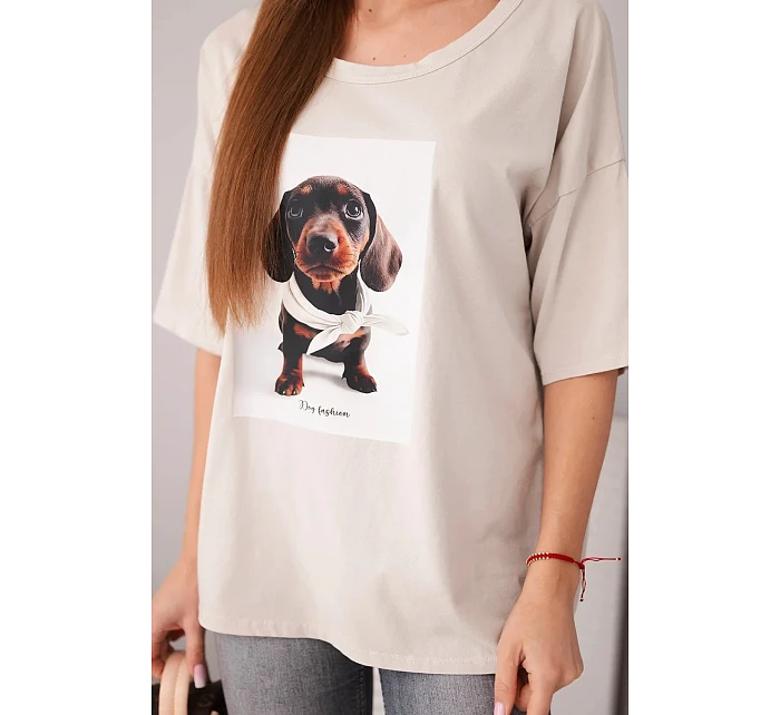 Dámská bavlněná oversize halenka s potiskem  béžová model 22040094 - K-Fashion