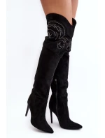 Dámské koleno vysoké boty na podpatku černé model 21638639 - Boto