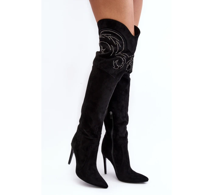 Dámské koleno vysoké boty na podpatku černé model 21638639 - Boto