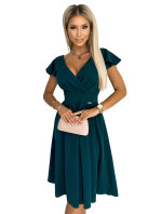 MATILDE - Dámské šaty v lahvově zelené barvě s výstřihem a krátkými rukávy 425-1