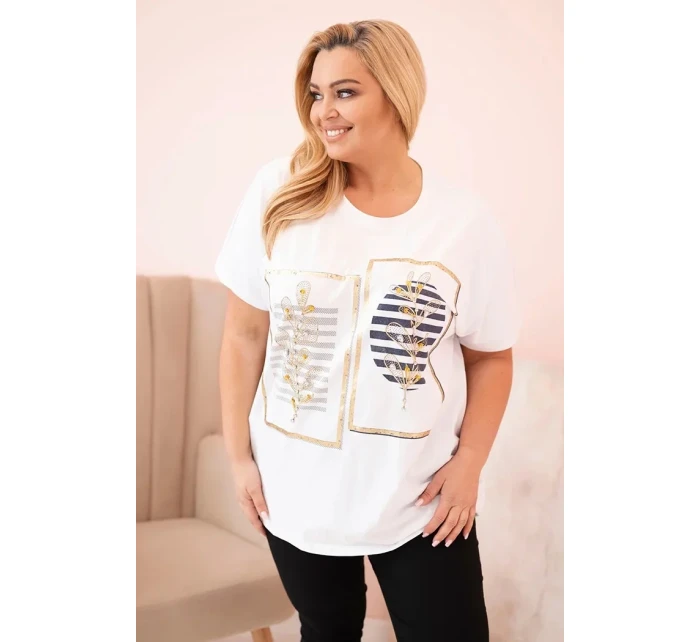 Dámská bavlněná halenka Plus Size s kamínky bílá + tmavě modrá