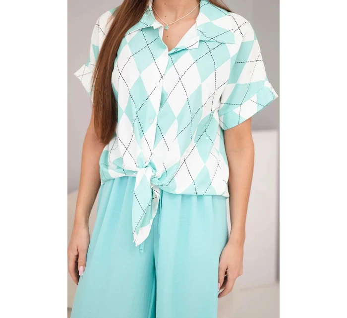 Komplet dámský viskózový košile s vázáním a kalhoty s gumou mátová
