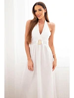 Dámské viskózové maxi šaty vázané za krk s ozdobnou přezkou ecru