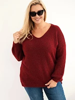 Dámský svetr Plus Size z vlnou s výstřihem do V bordó barva