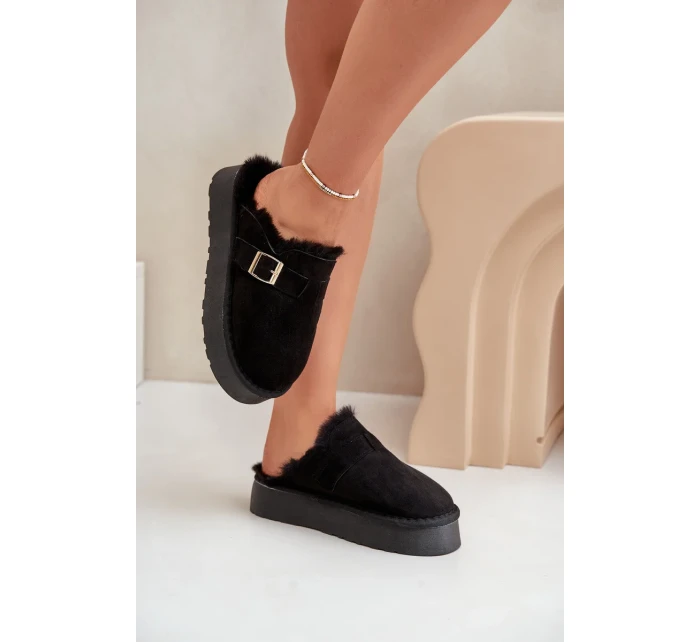 Dámské Pantofle Na Silné Podešvi S Kožešinou A Přezkou Černé Linneola Dámské Pantofle Na Silné Podešvi S Kožešinou A Přezkou Černé Linneola