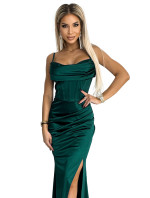 Dlouhé dámské korzetové saténové maxi šaty v lahvově zelené barvě na ramínkách 526-1
