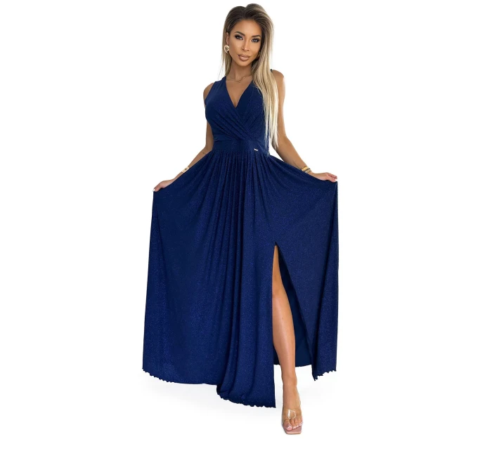 Tmavě modré dlouhé dámské šaty s výstřihem a zavazováním na zádech model 20298469 - numoco Tmavě modré dlouhé dámské šaty s výstřihem a zavazováním na zádech model 20298469 - numoco