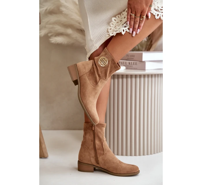 Dámské Botky Na Zip S Ozdobným Detalem Eko Semišové Béžové model 21668035 - Boto Dámské Botky Na Zip S Ozdobným Detalem Eko Semišové Béžové model 21668035 - Boto