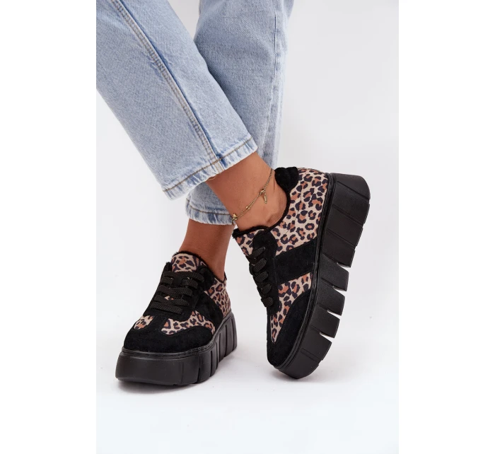 Semišové zateplené dámské tenisky na masivní platformě model 21707648 Panterka Černé - VINCEZA