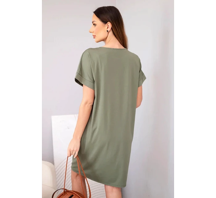 Dámské viskózové šaty s krátkým rukávem a ozdobným potiskem khaki