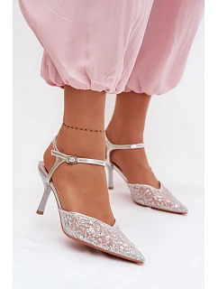 Dámské síťované sandály na jehlovém podpatku se zdobením Stříbrné model 22103201 - Boto