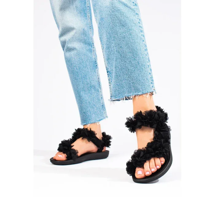 Stylové černé  sandály dámské bez podpatku