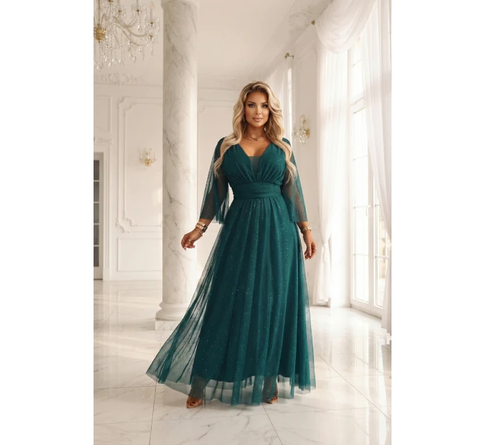 654-1 Dlouhé lesklé plus size šaty s výstřihem a průhlednými rukávy - lahvově zelené 654-1 Dlouhé lesklé plus size šaty s výstřihem a průhlednými rukávy - lahvově zelené