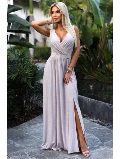 Béžové dlouhé dámské šaty s výstřihem a s rozparkem na noze model 20119780 - numoco