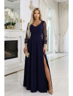 640-3 LORETTA jedinečné dlouhé šaty s tylovými rukávy a výstřihem - tmavě modré