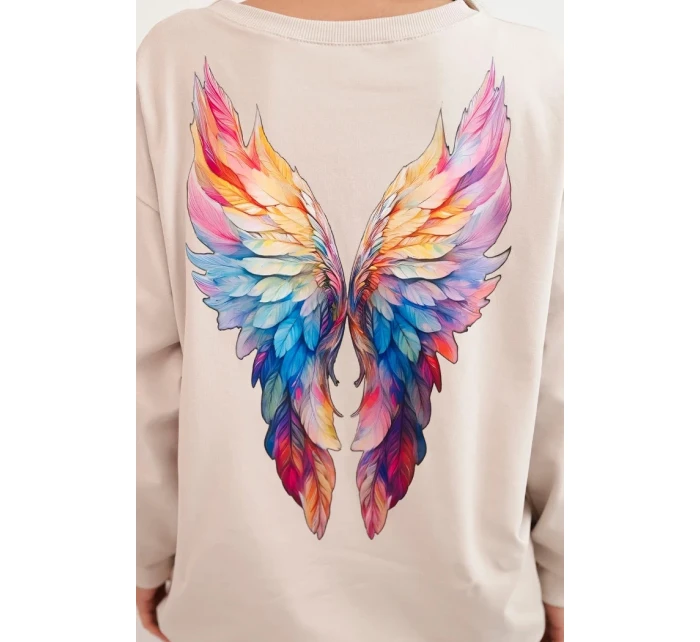 Dámská oversized mikina z bavlny s barevnými model 21421752 na zádech béžová - K-Fashion