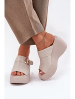 Kožené Dámské Sandály Na Platformě A Klínu S Přezkou Béžové S.Barski LR51-542