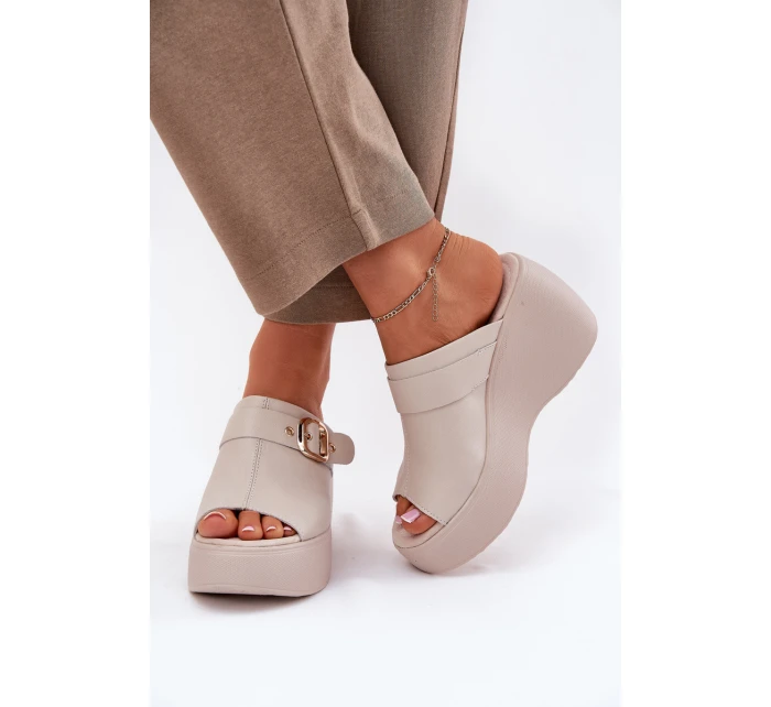 Kožené Dámské Sandály Na Platformě A Klínu S Přezkou Béžové S.Barski LR51-542