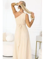 656-2 Dlouhé třpytivé večerní šaty na jedno rameno - šampaňsko-béžové