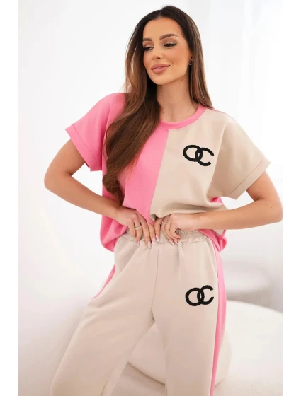 Dámský máslový komplet s oversize mikinou a širokými kalhotami růžová + béžová