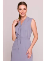 S410 Šaty áčkového střihu s vázáním a výstřihem do V - holubičí šeď S410 Šaty áčkového střihu s vázáním a výstřihem do V - holubičí šeď