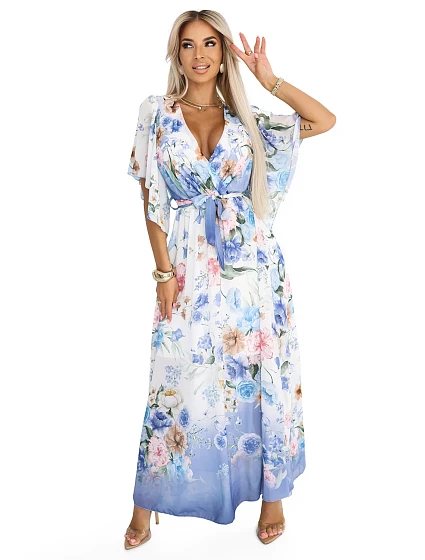 model 22401918 Vzdušné maxi šaty s obálkovým výstřihem a květinovým vzorem BLUE ROSE - numoco basic model 22401918 Vzdušné maxi šaty s obálkovým výstřihem a květinovým vzorem BLUE ROSE - numoco basic