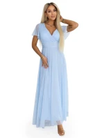 dlouhé třpytivé šaty s výstřihem a krátkými rukávy modré model 22017314 - numoco basic