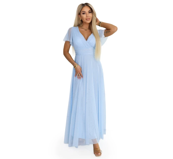 dlouhé třpytivé šaty s výstřihem a krátkými rukávy modré model 22017314 - numoco basic