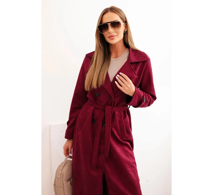 Dámský semišový plášť v pase vázaný s límcem a knoflíky bordový Dámský semišový plášť v pase vázaný s límcem a knoflíky bordový