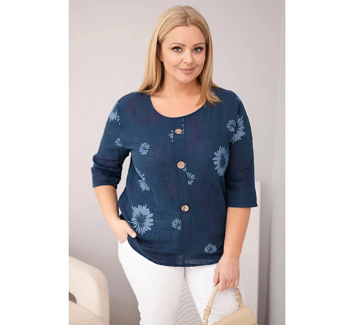 Dámská bavlněná halenka Plus Size s krátkým rukávem a knoflíky džínová