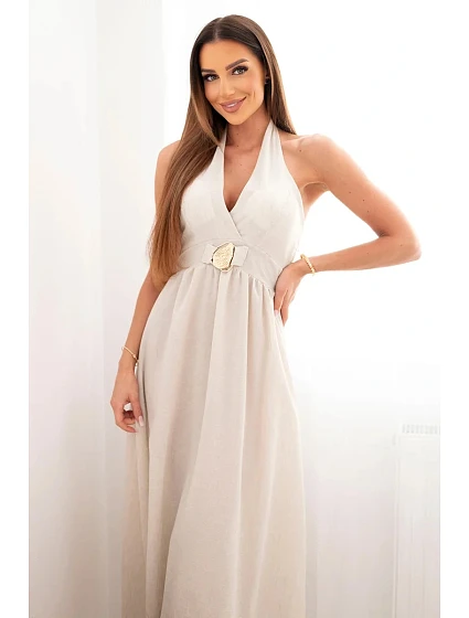 Dámské maxi šaty z viskózy vázané u krku s ozdobnou sponou béžová