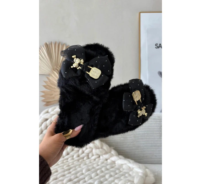 Kožešinové dámské pantofle s mašlí a zlatým zdobením Černé Nolara Kožešinové dámské pantofle s mašlí a zlatým zdobením Černé Nolara