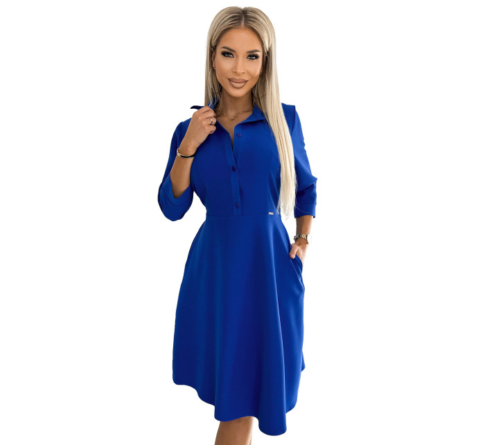 SANDY - Světle modré rozšířené dámské košilové šaty s páskem 286-6