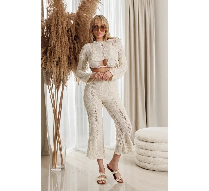 Dámský komplet v barvě ecru crop top a dlouhé kalhoty model 21115773 - MADE IN ITALY