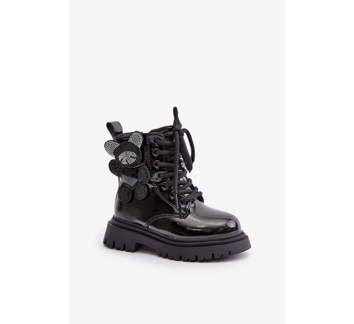 Zateplené dívčí botky s medvídkem na zip lakované černé model 21672270 - Boto