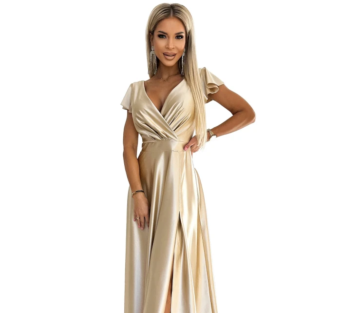 saténové dlouhé šaty model 21310011 CRYSTAL zlaté - numoco