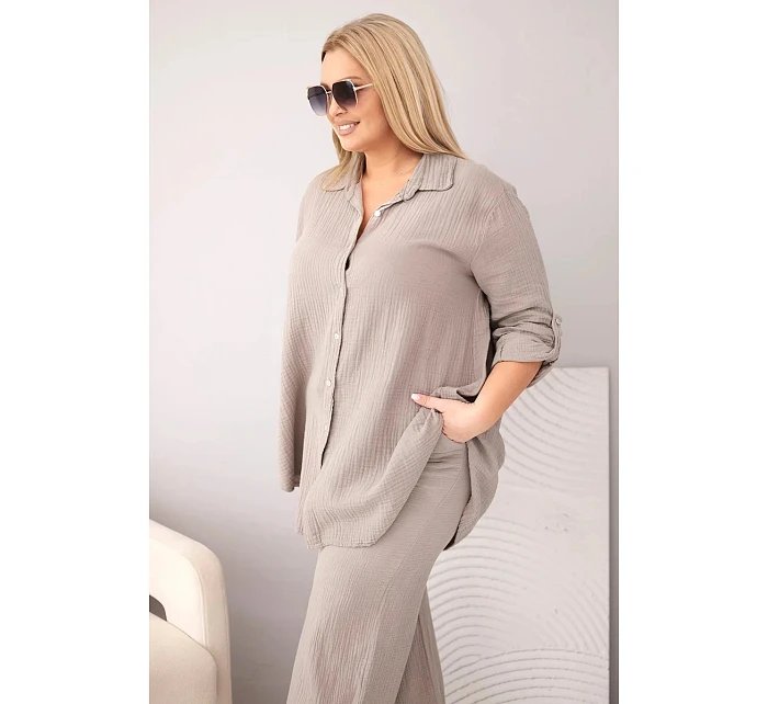 Dámský komplet Plus Size s košilí na knoflíky a kalhotami se širokými nohavicemi fango model 22069917 - K-Fashion