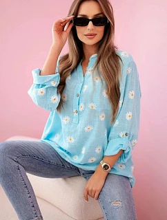 Lněná halenka s květinovým vzorem 22062 modrá - Kesi