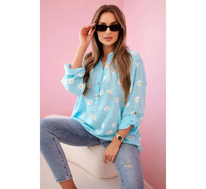 Lněná halenka s květinovým vzorem 22062 modrá - Kesi Lněná halenka s květinovým vzorem 22062 modrá - Kesi