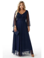 655-3 Dlouhé lehké třpytivé šaty s výstřihem a průhlednými rukávy - tmavě modré 655-3 Dlouhé lehké třpytivé šaty s výstřihem a průhlednými rukávy - tmavě modré