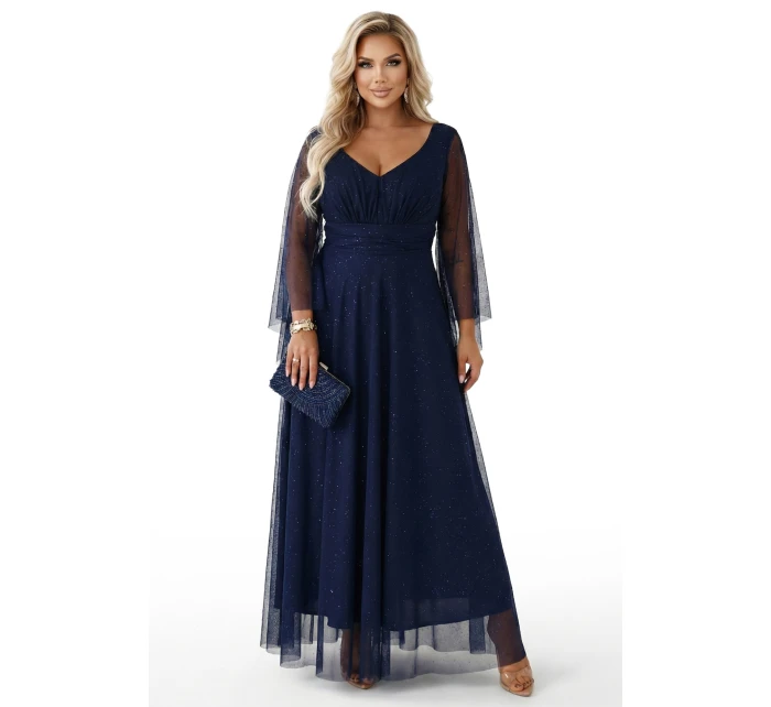 655-3 Dlouhé lehké třpytivé šaty s výstřihem a průhlednými rukávy - tmavě modré 655-3 Dlouhé lehké třpytivé šaty s výstřihem a průhlednými rukávy - tmavě modré