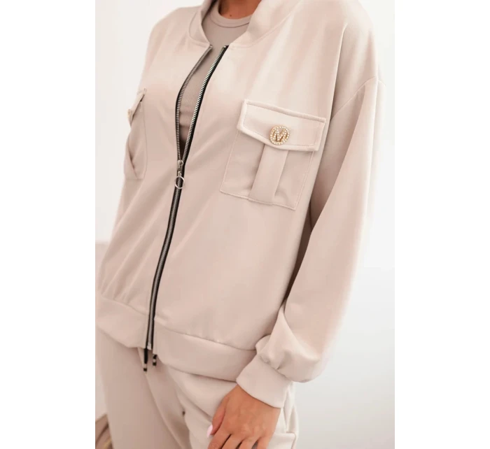 Dámský komplet z viskózy s rozepínací mikinou a kalhotami béžový Dámský komplet z viskózy s rozepínací mikinou a kalhotami béžový