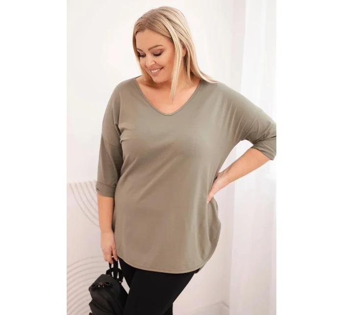 Dámská bavlněná blůza Plus Size s výstřihem do V a ohrnovacími rukávy khaki Dámská bavlněná blůza Plus Size s výstřihem do V a ohrnovacími rukávy khaki
